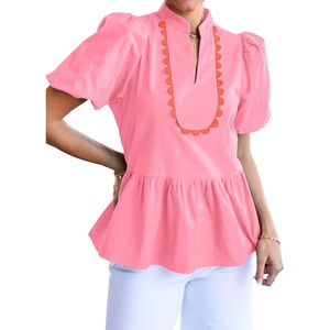 image:imageCicy Bell Women Puff Sleeve Peplum Blouse Ruffle Vneck Summer Babydoll TopsPink