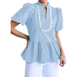 image:imageCicy Bell Women Puff Sleeve Peplum Blouse Ruffle Vneck Summer Babydoll TopsSky Blue
