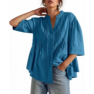 image:imageCicy Bell Womens Peplum Button Down Blouse Summer Vneck Flowy Babydoll TopsLake Blue