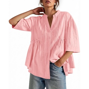 image:imageCicy Bell Womens Peplum Button Down Blouse Summer Vneck Flowy Babydoll TopsPink