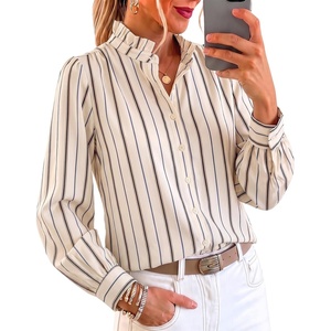 image:imageCicy Bell Womens Striped Button Down Shirts Ruffle Color Block BlousesBeige