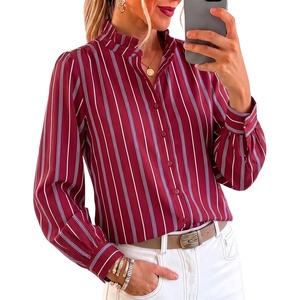 image:imageCicy Bell Womens Striped Button Down Shirts Ruffle Color Block BlousesWine Red