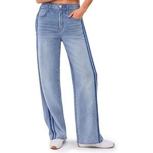 image:imageCicy Bell Womens Wide Leg Jeans Side Striped High Waisted Denim PantsLight Blue