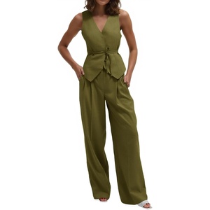 image:imageCicy Bell Womens 2 Piece Outfits V Neck Blazer Vest and Wide Leg Pants SetsArmy Green