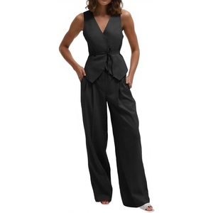 image:imageCicy Bell Womens 2 Piece Outfits V Neck Blazer Vest and Wide Leg Pants SetsBlack