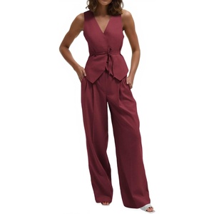 image:imageCicy Bell Womens 2 Piece Outfits V Neck Blazer Vest and Wide Leg Pants SetsBurgundy