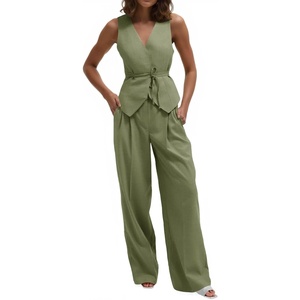 image:imageCicy Bell Womens 2 Piece Outfits V Neck Blazer Vest and Wide Leg Pants SetsGreen