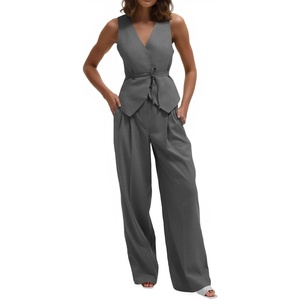 image:imageCicy Bell Womens 2 Piece Outfits V Neck Blazer Vest and Wide Leg Pants SetsGrey