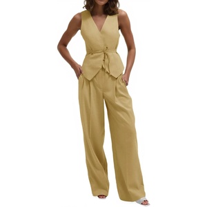 image:imageCicy Bell Womens 2 Piece Outfits V Neck Blazer Vest and Wide Leg Pants SetsKhaki