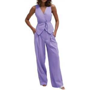 image:imageCicy Bell Womens 2 Piece Outfits V Neck Blazer Vest and Wide Leg Pants SetsLight Purple