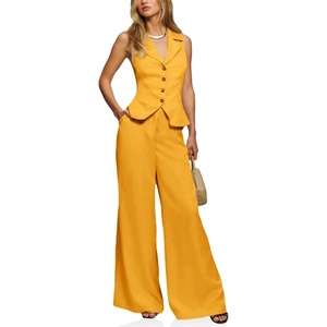 image:imageCicy Bell Womens Vest Sets Button Crop Blazer Vest and Wide Leg Pant SuitsApricot Yellow