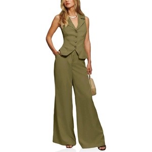 image:imageCicy Bell Womens Vest Sets Button Crop Blazer Vest and Wide Leg Pant SuitsArmy Green