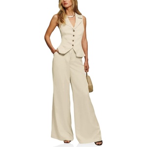 image:imageCicy Bell Womens Vest Sets Button Crop Blazer Vest and Wide Leg Pant SuitsBeige