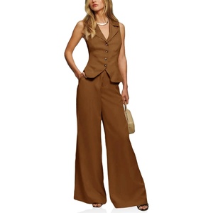 image:imageCicy Bell Womens Vest Sets Button Crop Blazer Vest and Wide Leg Pant SuitsBrown