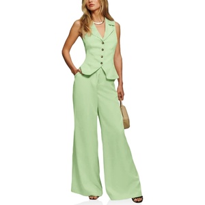 image:imageCicy Bell Womens Vest Sets Button Crop Blazer Vest and Wide Leg Pant SuitsLight Green