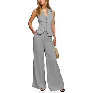 image:imageCicy Bell Womens Vest Sets Button Crop Blazer Vest and Wide Leg Pant SuitsLight Grey