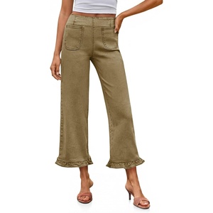 image:imageCicy Bell Womens Cropped High Waisted Jeans Baggy Ruffle Wide Leg CaprisArmy Green