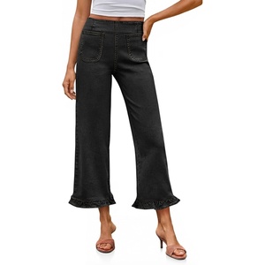 image:imageCicy Bell Womens Cropped High Waisted Jeans Baggy Ruffle Wide Leg CaprisBlack