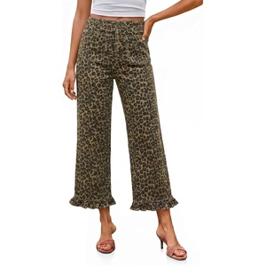 image:imageCicy Bell Womens Cropped High Waisted Jeans Baggy Ruffle Wide Leg CaprisLeopard