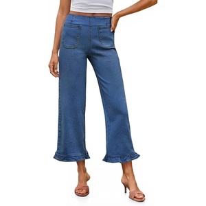 image:imageCicy Bell Womens Cropped High Waisted Jeans Baggy Ruffle Wide Leg CaprisNavy