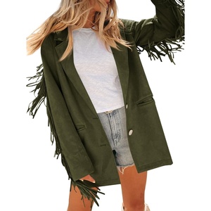 image:imageCicy Bell Womens Faux Suede Fringe Jacket Casual Blazer Button Suit JacketsArmy Green