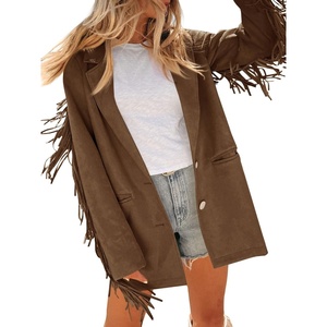 image:imageCicy Bell Womens Faux Suede Fringe Jacket Casual Blazer Button Suit JacketsDark Brown
