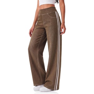 image:imageCicy Bell Womens Pull On Jeans Wide Leg Stretchy Side Striped Denim PantsBrown
