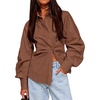image:imageCicy Bell Womens Ruched Button Down Shirts Puff Sleeve Dressy Casual BlouseCoffee