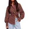 image:imageCicy Bell Womens Ruched Button Down Shirts Puff Sleeve Dressy Casual BlousePlaid Wine Red