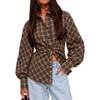 image:imageCicy Bell Womens Ruched Button Down Shirts Puff Sleeve Dressy Casual BlousePlaid Yellow Brown