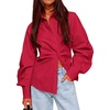 image:imageCicy Bell Womens Ruched Button Down Shirts Puff Sleeve Dressy Casual BlouseRed
