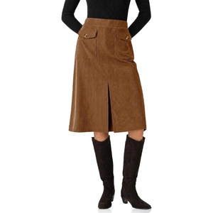 image:imageCicy Bell Women Corduroy Midi Skirt Fall ALine Front Slit SkirtsBrown