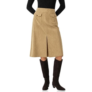 image:imageCicy Bell Women Corduroy Midi Skirt Fall ALine Front Slit SkirtsKhaki