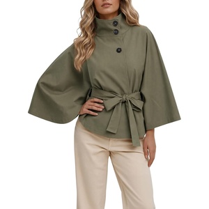 image:imageCicy Bell Womens Cropped Trench Coats Cape Sleeve Funnel Neck Belted JacketArmy Green