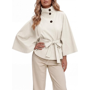image:imageCicy Bell Womens Cropped Trench Coats Cape Sleeve Funnel Neck Belted JacketBeige