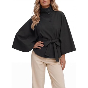 image:imageCicy Bell Womens Cropped Trench Coats Cape Sleeve Funnel Neck Belted JacketBlack