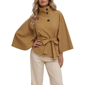 image:imageCicy Bell Womens Cropped Trench Coats Cape Sleeve Funnel Neck Belted JacketCamel