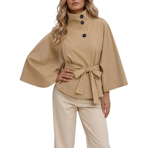 image:imageCicy Bell Womens Cropped Trench Coats Cape Sleeve Funnel Neck Belted JacketKhaki