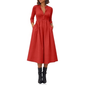 image:imageCicy Bell Womens Long Sleeve Midi Dress Casual Half Button Fall DressesRed