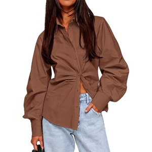 image:imageCicy Bell Womens Ruched Button Down Shirts Puff Sleeve Dressy Casual BlouseCoffee