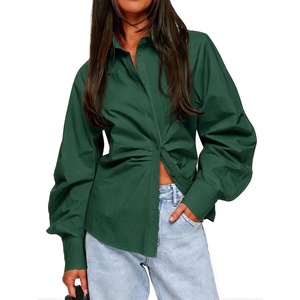 image:imageCicy Bell Womens Ruched Button Down Shirts Puff Sleeve Dressy Casual BlouseDark Green