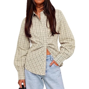 image:imageCicy Bell Womens Ruched Button Down Shirts Puff Sleeve Dressy Casual BlousePlaid Beige
