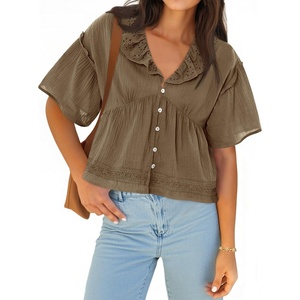 image:imageCicy Bell Womens Cropped Babydoll Tops Summer Cute Flowy Eyelet BlousesDark Khaki