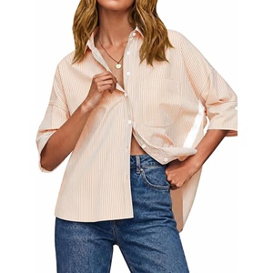 image:imageCicy Bell Womens Oversized Button Down Shirts Half Sleeve Collared TopsStriped Apricot