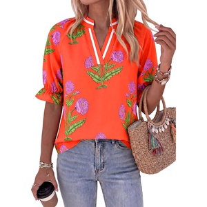 image:imageCicy Bell Womens Summer Floral Blouses Puff Ruffle Sleeve Shirts Boho TopsOrange