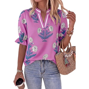 image:imageCicy Bell Womens Summer Floral Blouses Puff Ruffle Sleeve Shirts Boho TopsPink