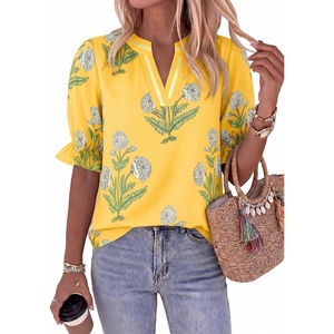 image:imageCicy Bell Womens Summer Floral Blouses Puff Ruffle Sleeve Shirts Boho TopsYellow