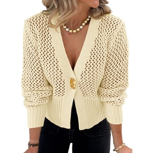 image:imageCicy Bell Womens Cropped Crochet Cardigan Casual Mesh Knit Sweater Cover UpApricot