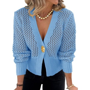 image:imageCicy Bell Womens Cropped Crochet Cardigan Casual Mesh Knit Sweater Cover UpBlue