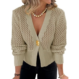 image:imageCicy Bell Womens Cropped Crochet Cardigan Casual Mesh Knit Sweater Cover UpKhaki